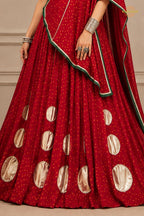 Red Stitched Bandhej Print Satin Chiffon Lehenga