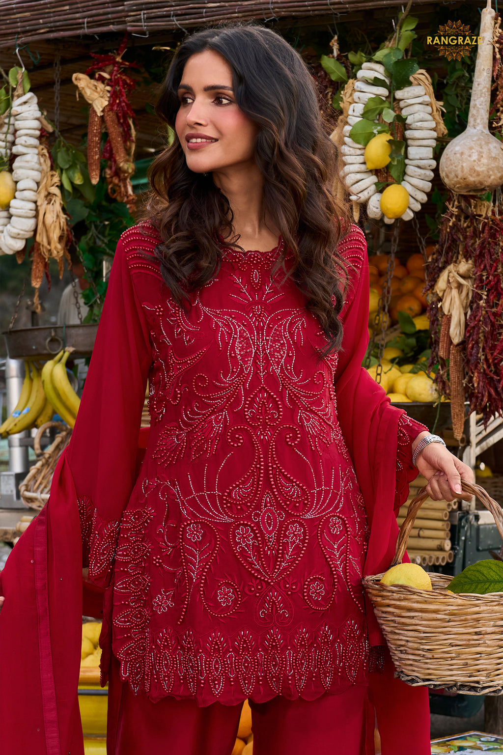 Red Stitched Bead Work Georgette Sharara Suit Set with Choker Dupatta