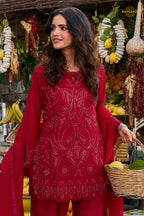 Red Stitched Bead Work Georgette Sharara Suit Set with Choker Dupatta