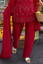 Red Stitched Bead Work Georgette Sharara Suit Set with Choker Dupatta