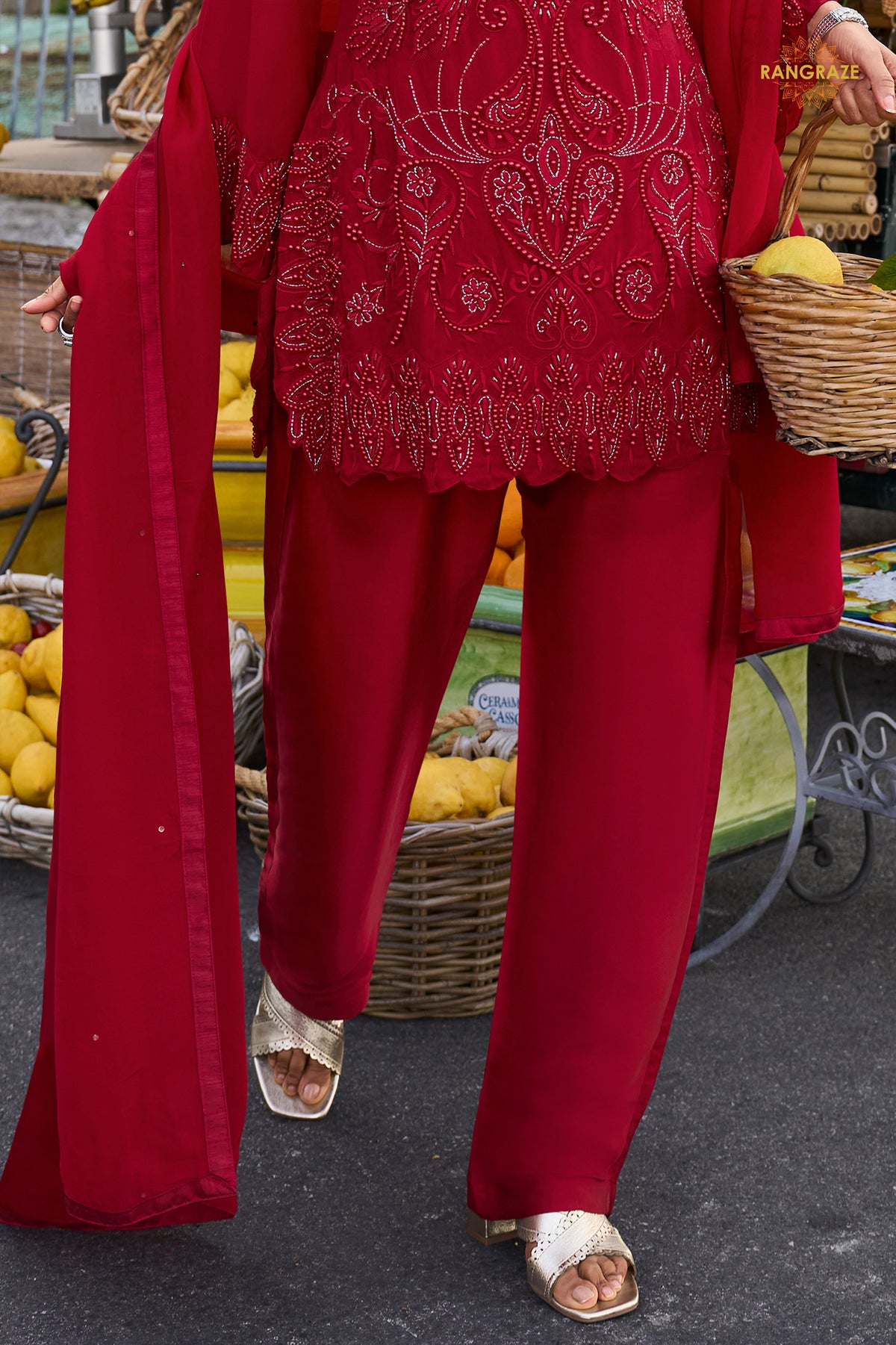 Red Stitched Bead Work Georgette Sharara Suit Set with Choker Dupatta