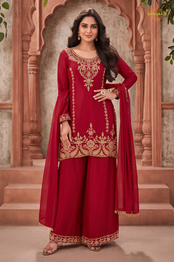 Red Stitched Beads Work Chinnon Palazzo Suit