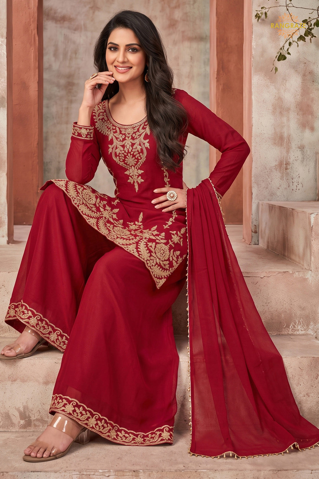 Red Stitched Beads Work Chinnon Palazzo Suit