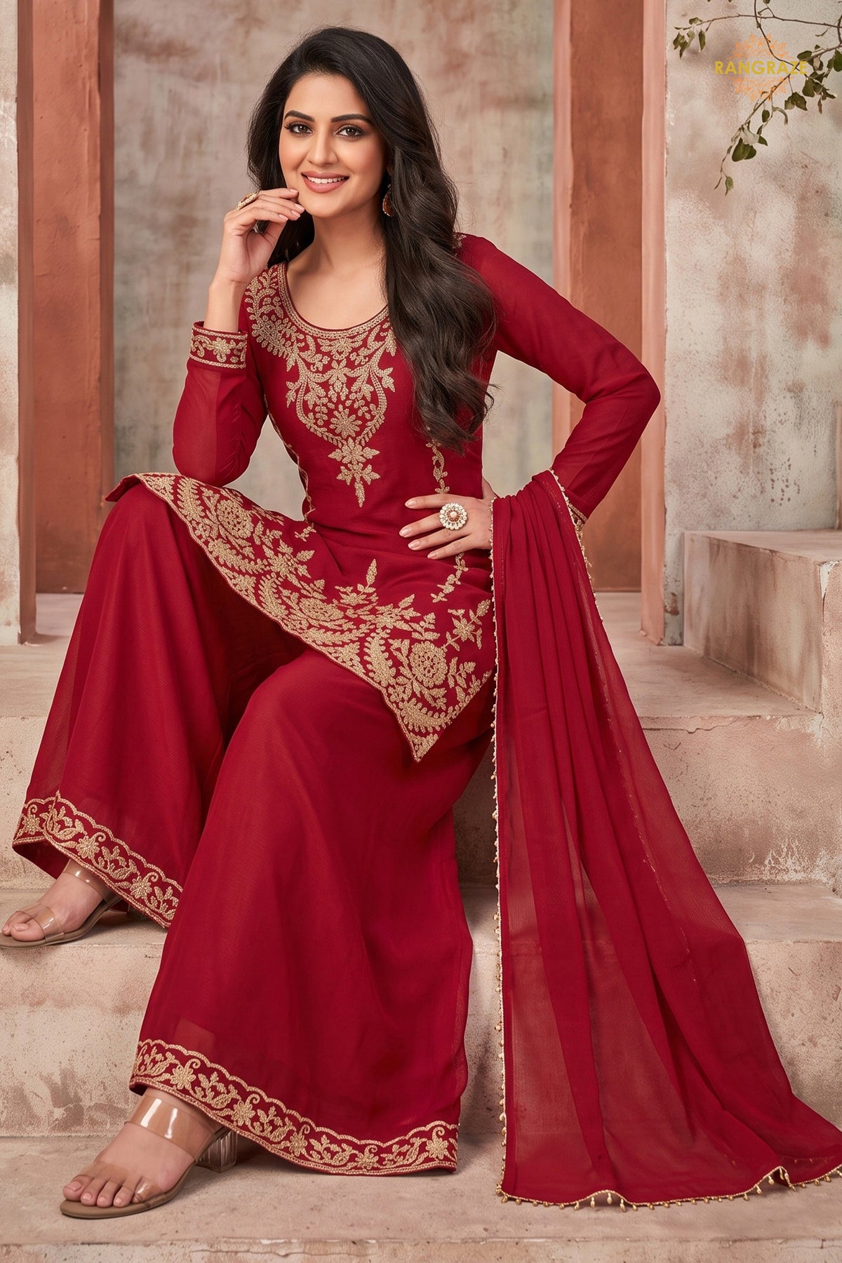 Red Stitched Beads Work Chinnon Palazzo Suit