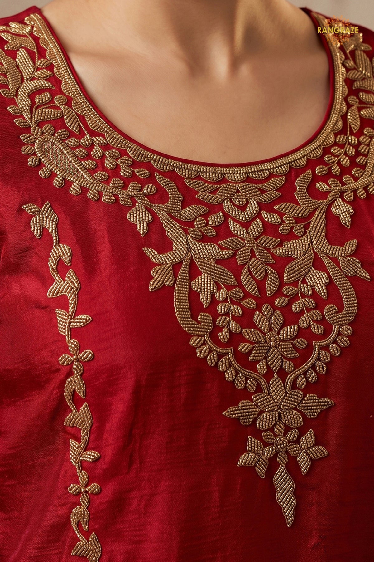 Red Stitched Beads Work Chinnon Palazzo Suit
