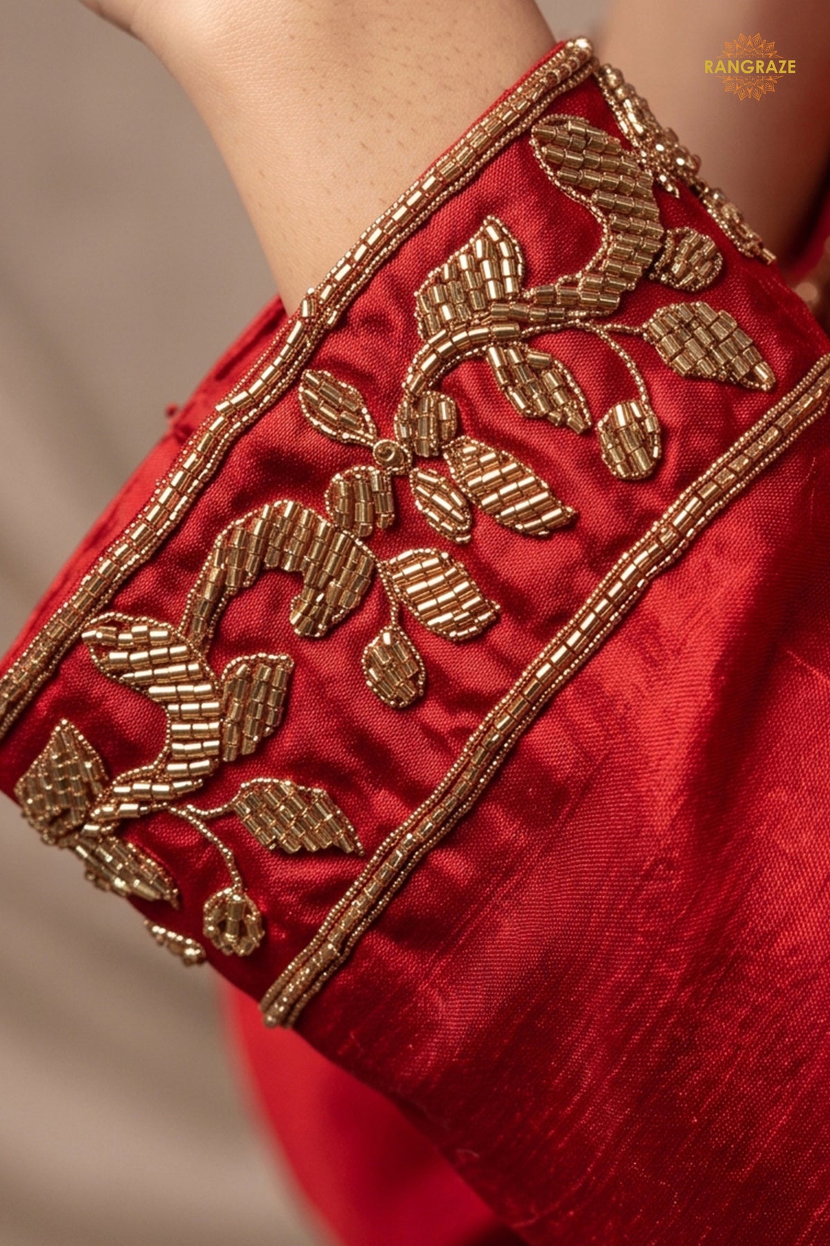 Red Stitched Beads Work Chinnon Palazzo Suit