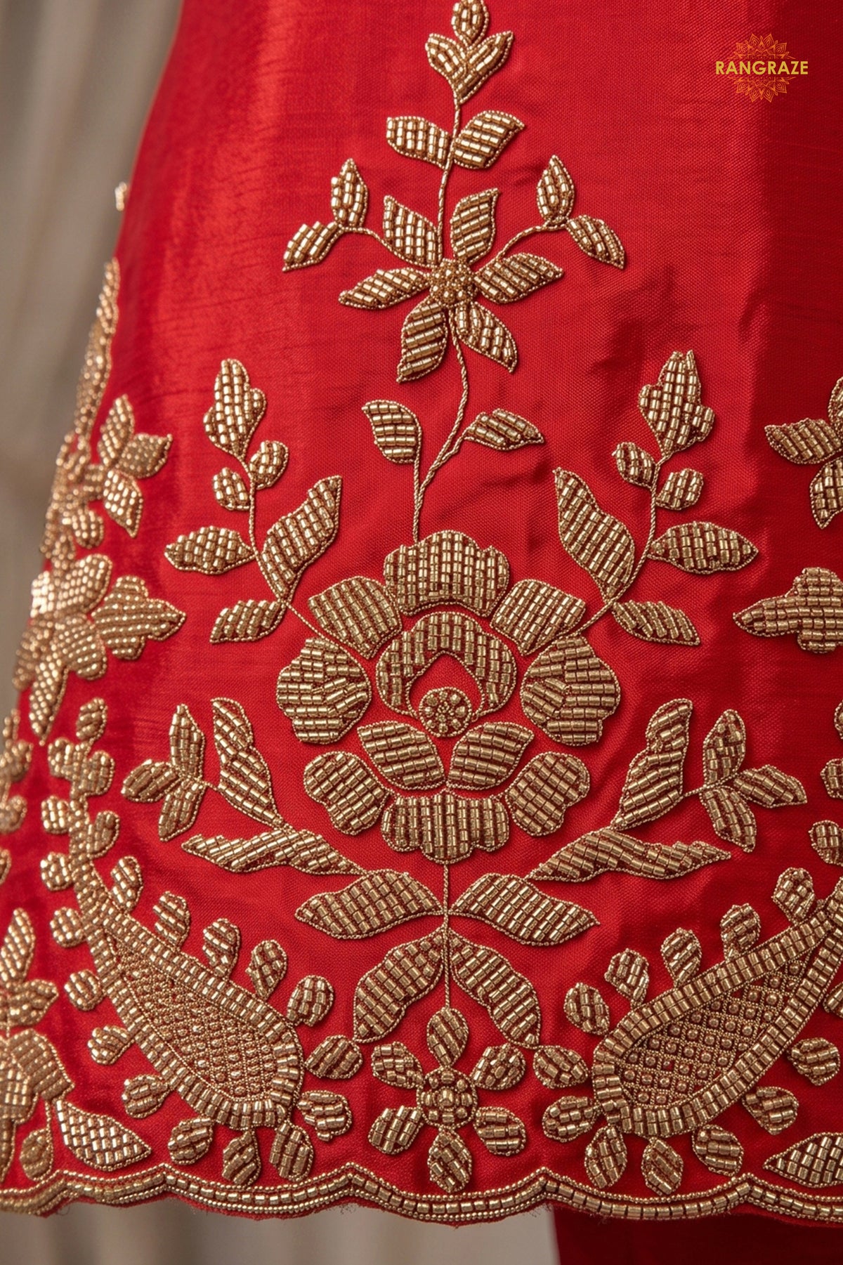 Red Stitched Beads Work Chinnon Palazzo Suit