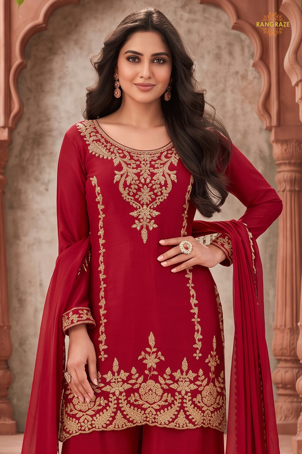 Red Stitched Beads Work Chinnon Palazzo Suit