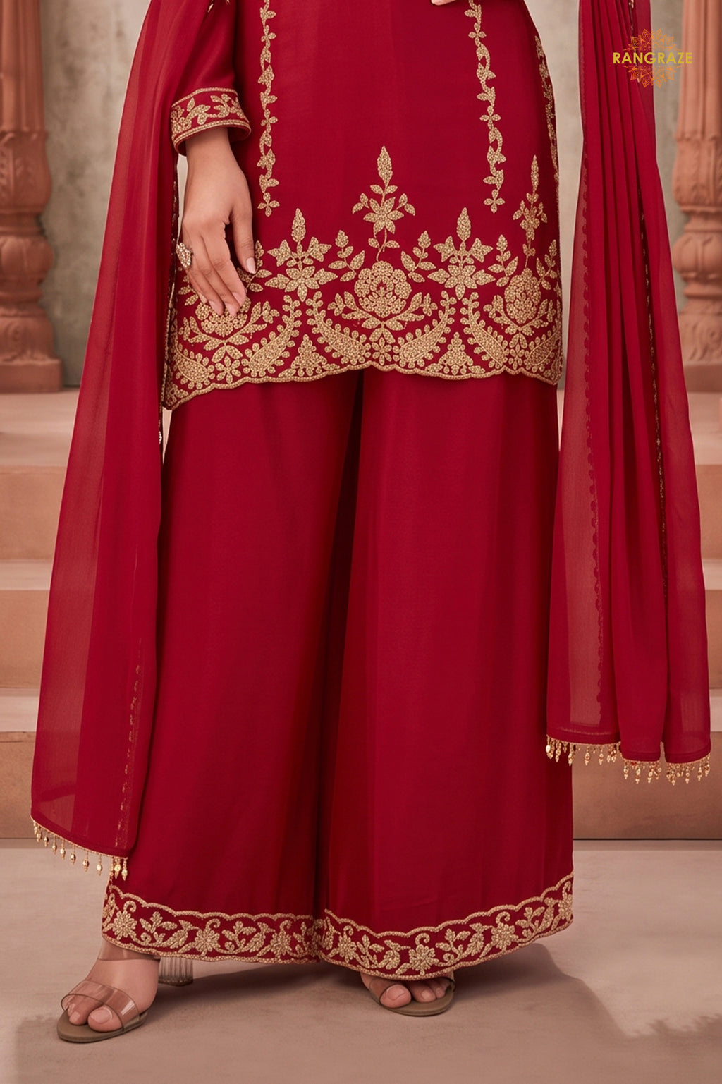 Red Stitched Beads Work Chinnon Palazzo Suit