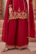 Red Stitched Beads Work Chinnon Palazzo Suit