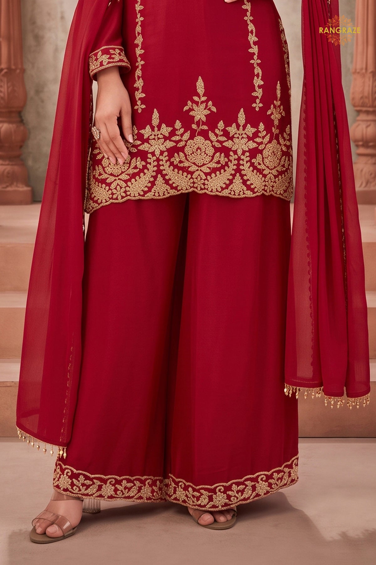 Red Stitched Beads Work Chinnon Palazzo Suit