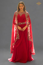 Red Stitched Embroidered Skirt Set With Shrug