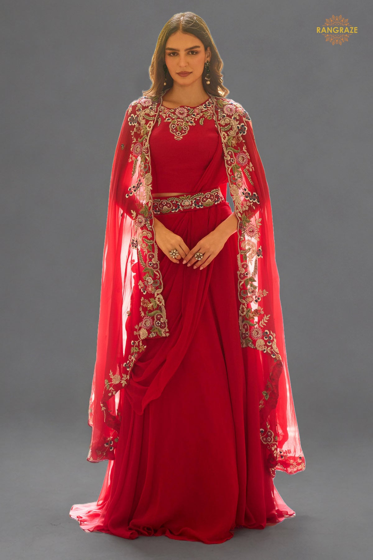 Red Stitched Embroidered Skirt Set With Shrug