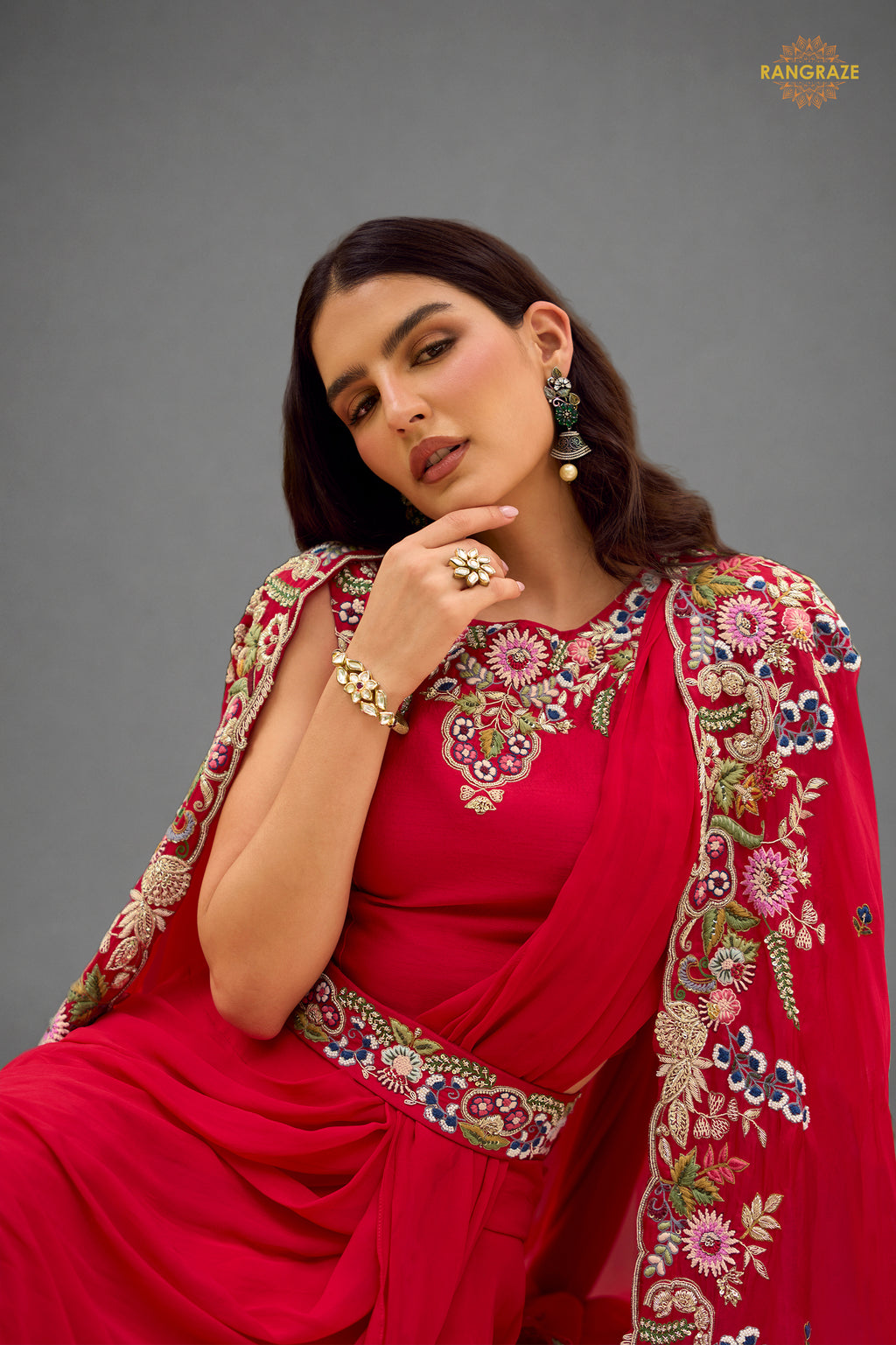Red Stitched Embroidered Skirt Set With Shrug