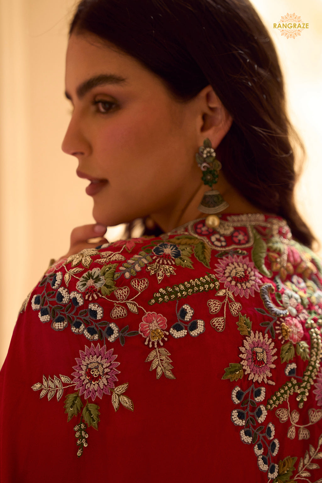 Red Stitched Embroidered Skirt Set With Shrug