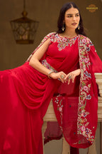Red Stitched Embroidered Skirt Set With Shrug