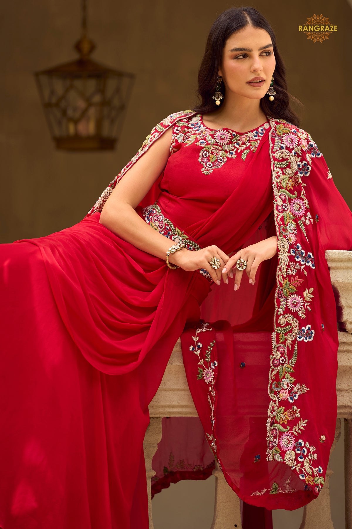 Red Stitched Embroidered Skirt Set With Shrug