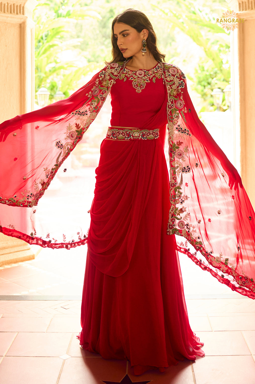 Red Stitched Embroidered Skirt Set With Shrug