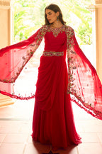 Red Stitched Embroidered Skirt Set With Shrug