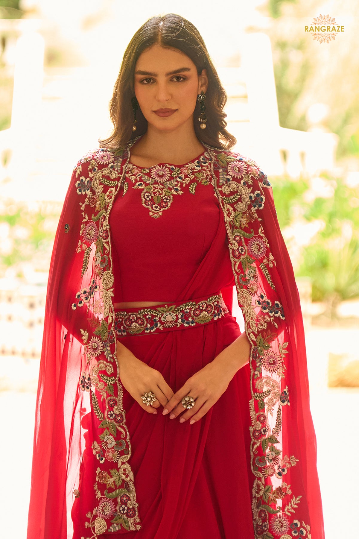 Red Stitched Embroidered Skirt Set With Shrug