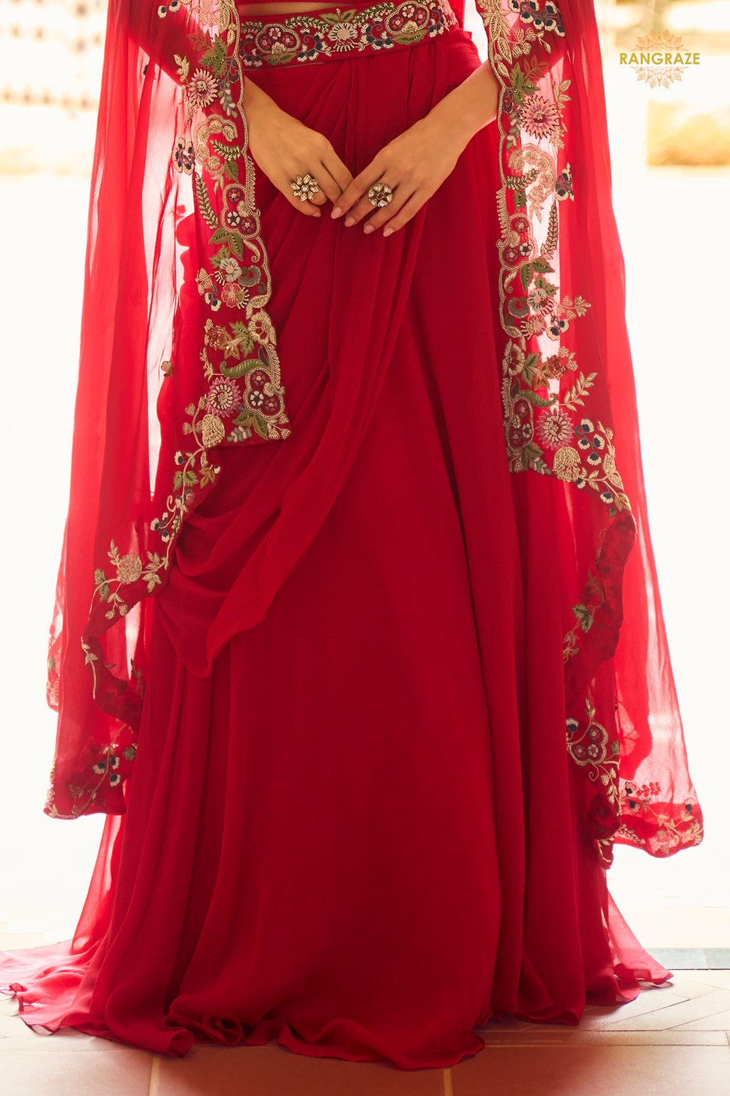 Red Stitched Embroidered Skirt Set With Shrug