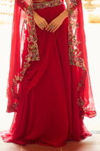 Red Stitched Embroidered Skirt Set With Shrug