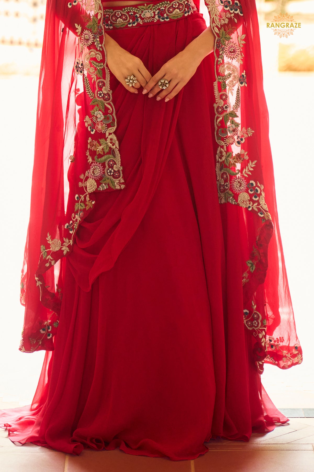 Red Stitched Embroidered Skirt Set With Shrug