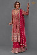 Red Stitched Heavy Work Chinon A-line Suit