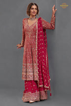 Red Stitched Heavy Work Chinon A-line Suit