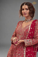 Red Stitched Heavy Work Chinon A-line Suit