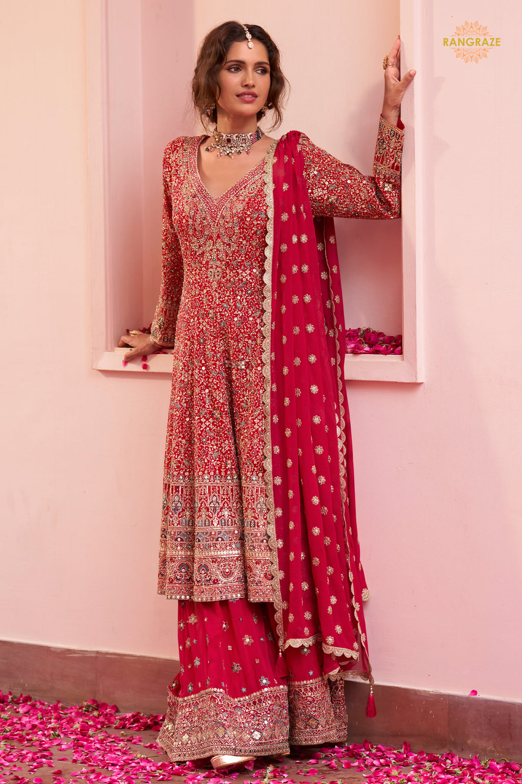 Red Stitched Heavy Work Chinon A-line Suit