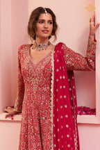 Red Stitched Heavy Work Chinon A-line Suit