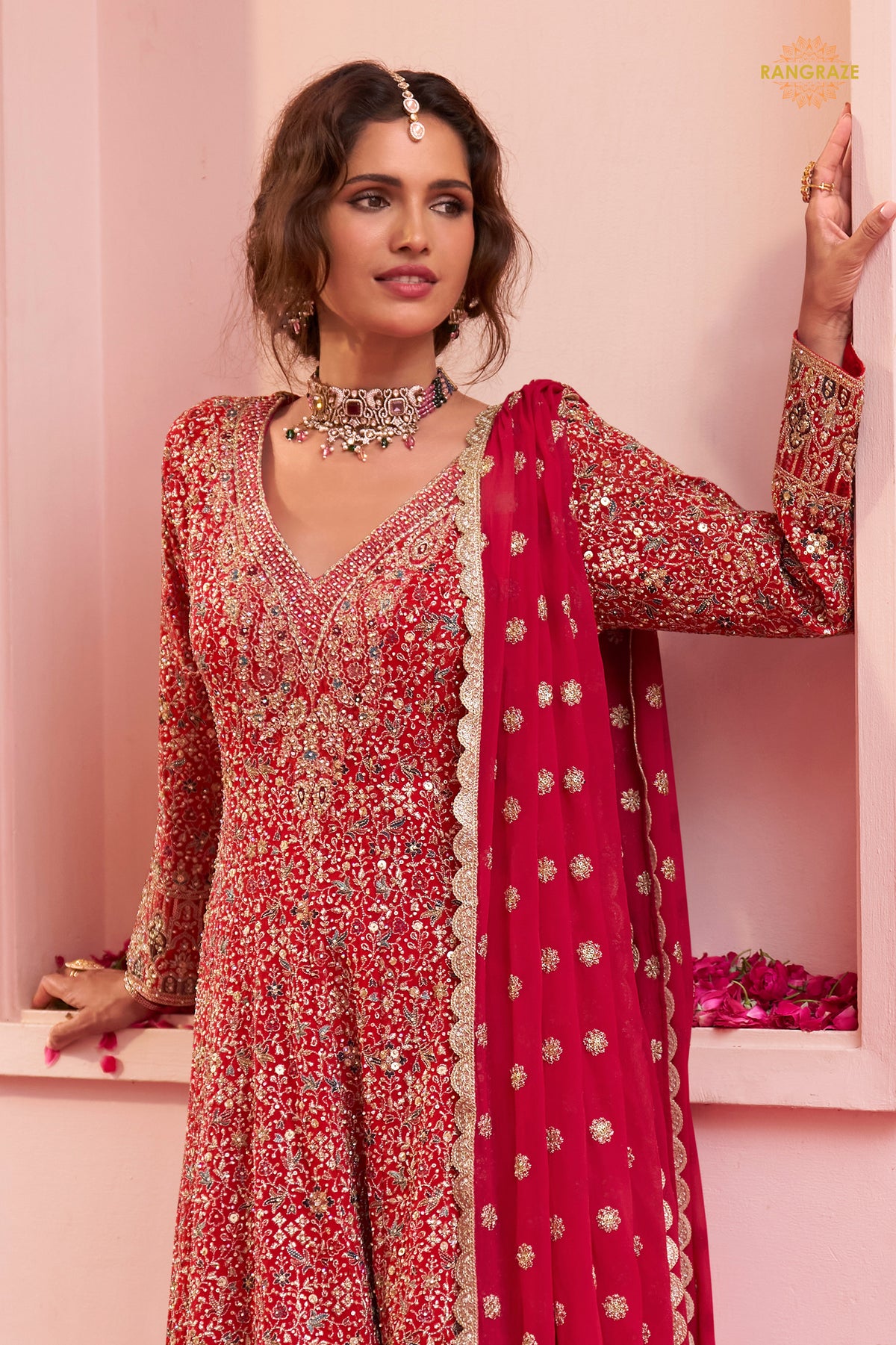 Red Stitched Heavy Work Chinon A-line Suit