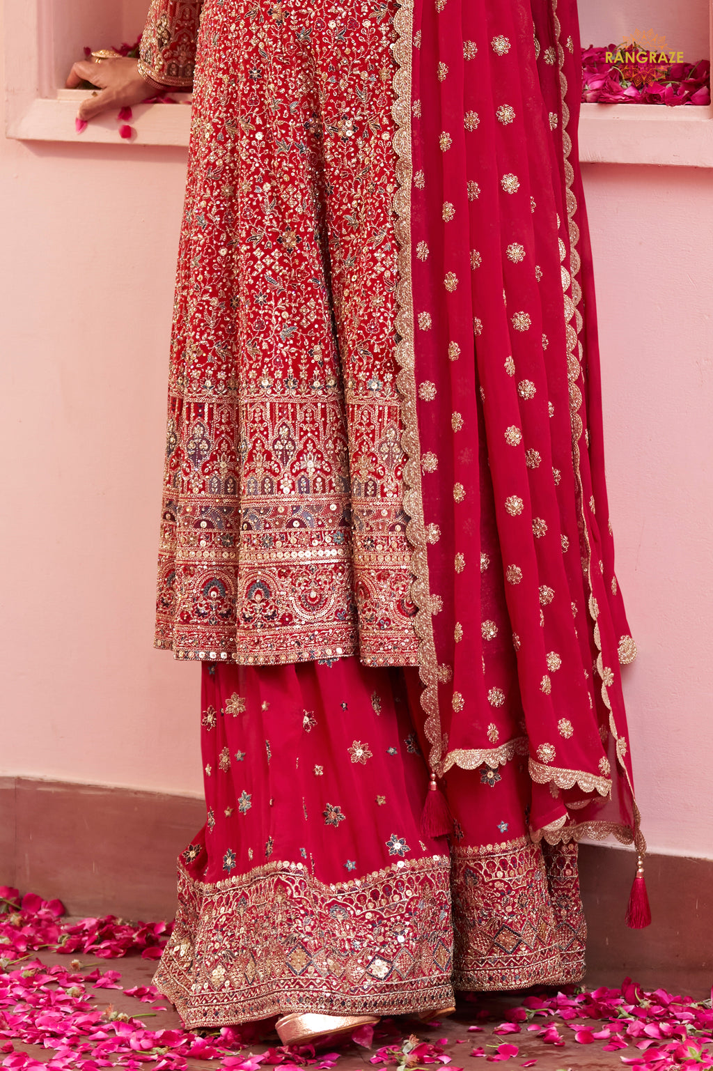 Red Stitched Heavy Work Chinon A-line Suit