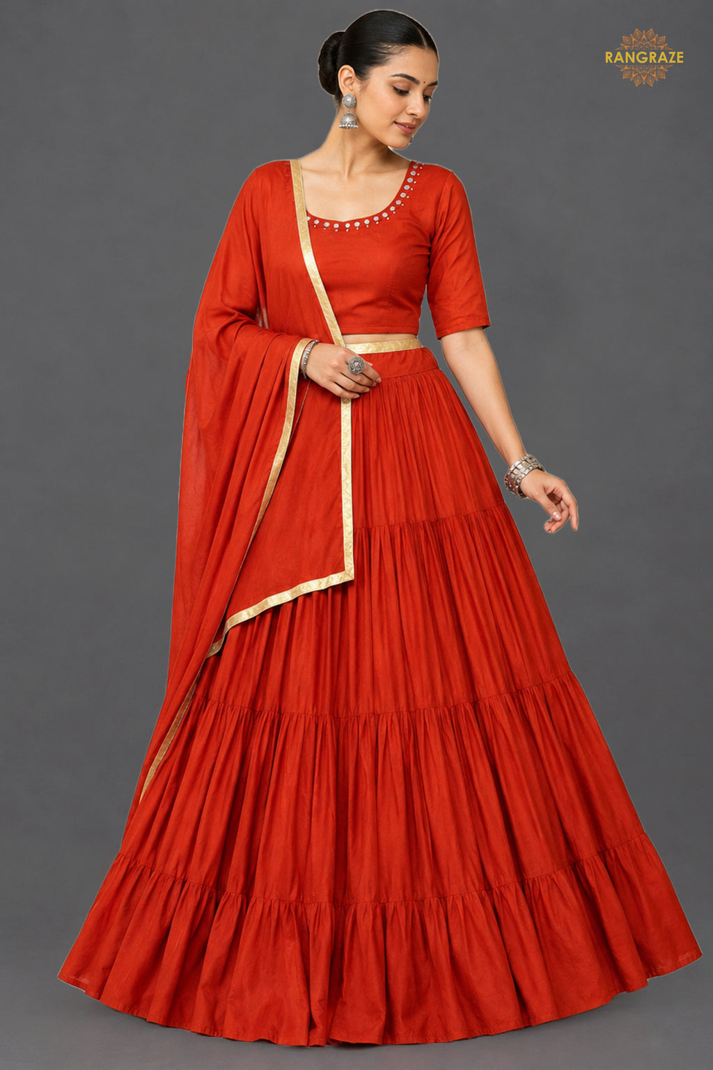 Red Tiered Flared Lehenga Choli with Real Mirror Work Neckline