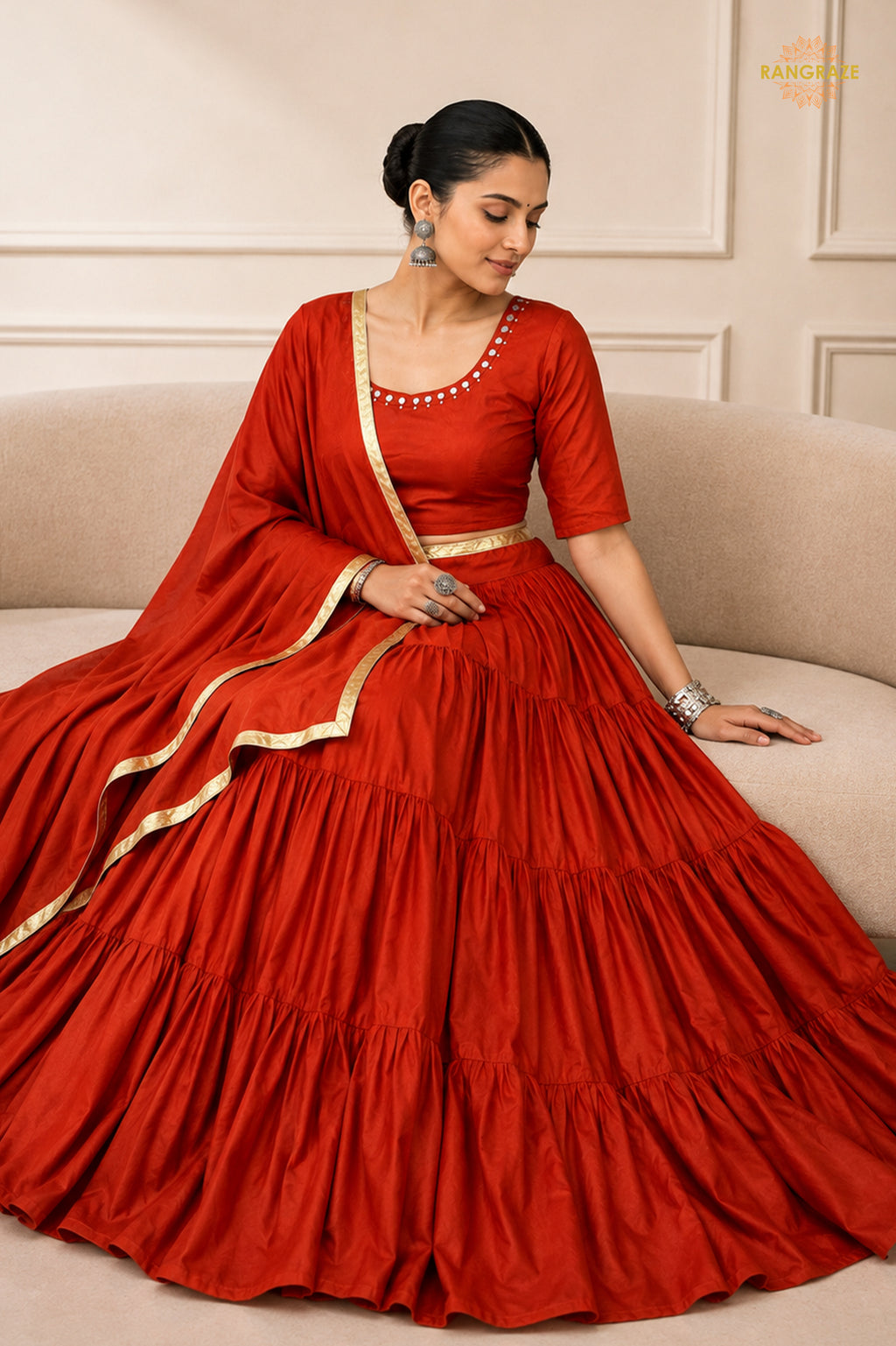 Red Tiered Flared Lehenga Choli with Real Mirror Work Neckline