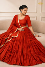 Red Tiered Flared Lehenga Choli with Real Mirror Work Neckline