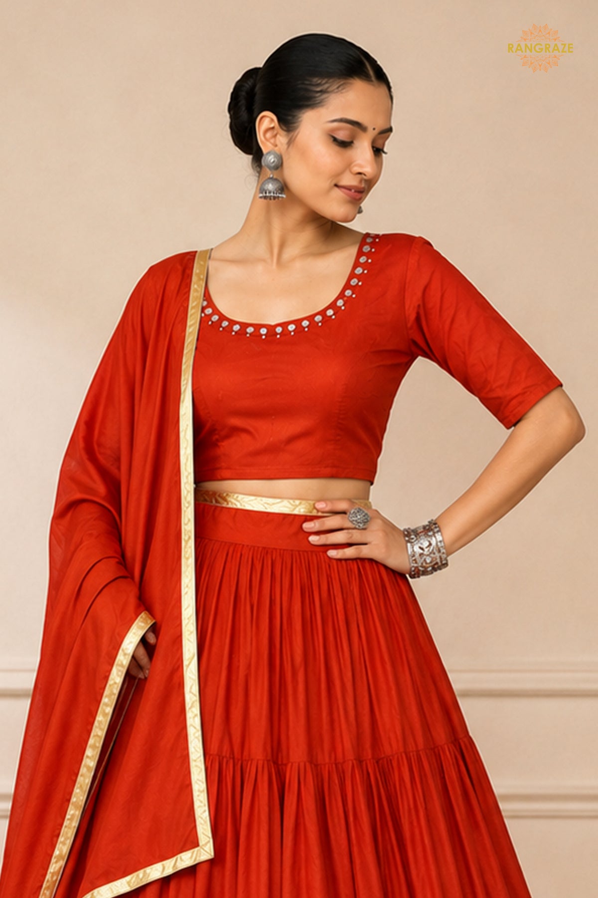 Red Tiered Flared Lehenga Choli with Real Mirror Work Neckline