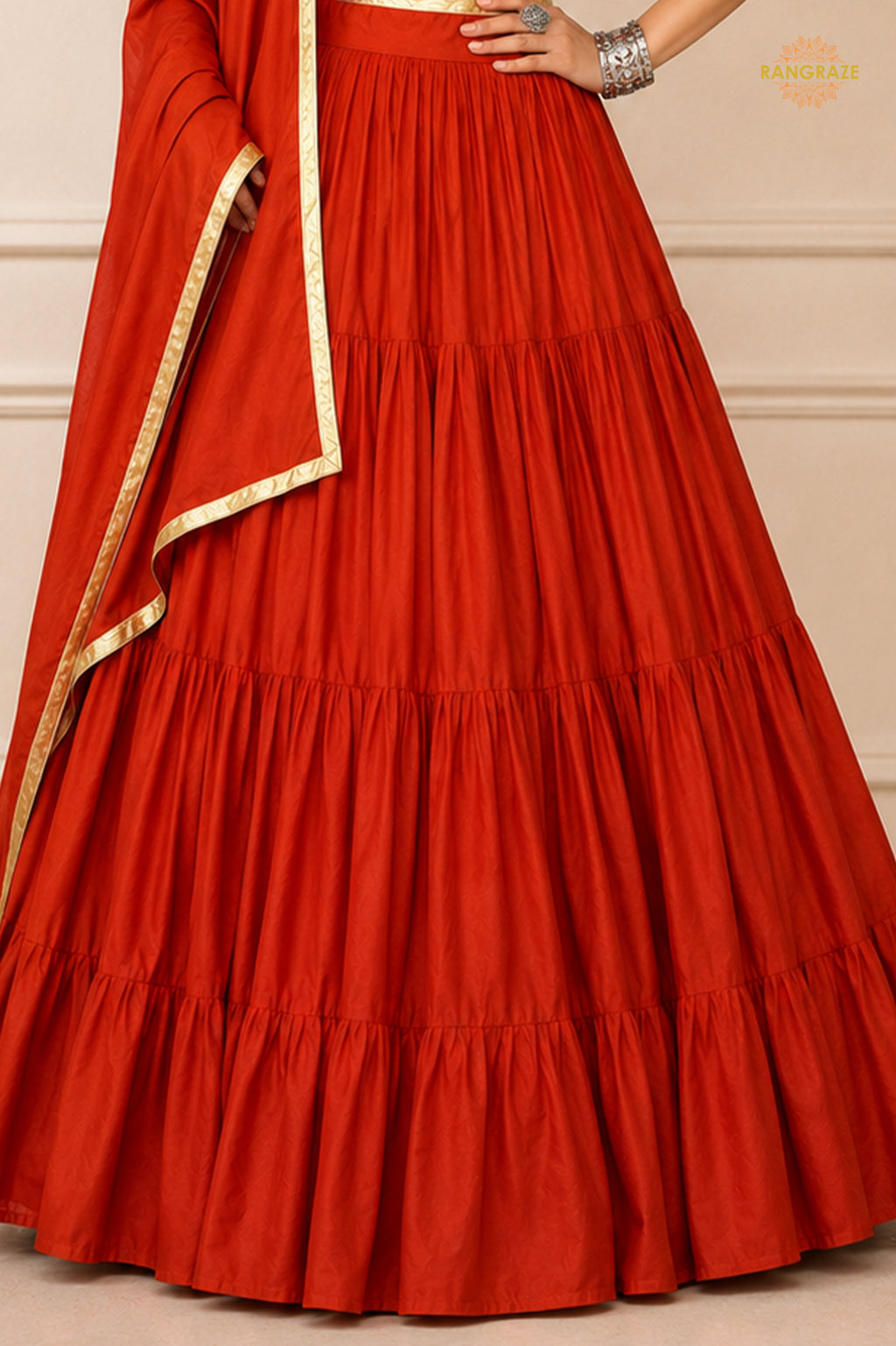 Red Tiered Flared Lehenga Choli with Real Mirror Work Neckline