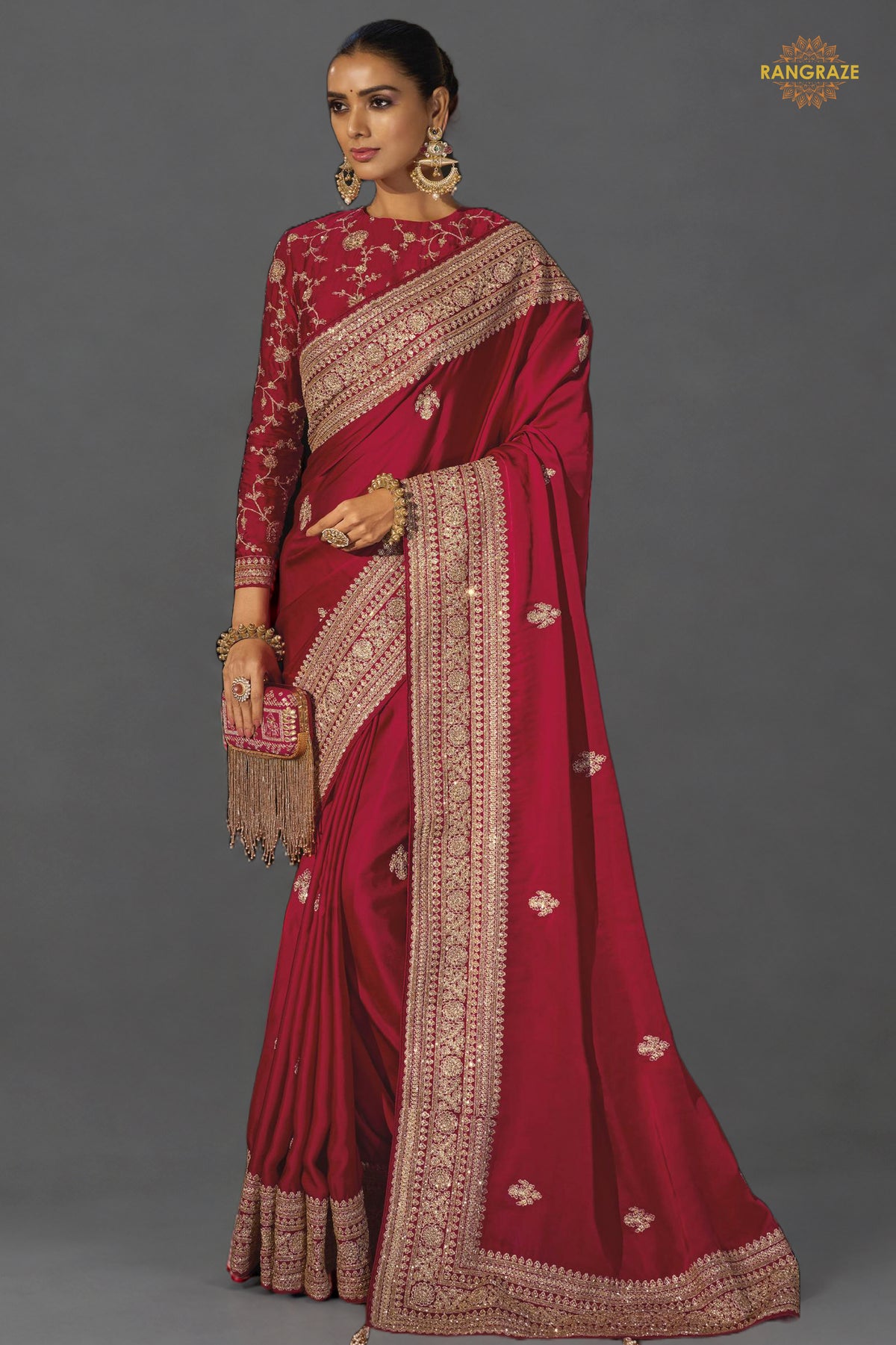 Red Viscose Embroidered Satin Saree