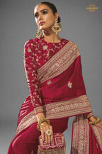 Red Viscose Embroidered Satin Saree
