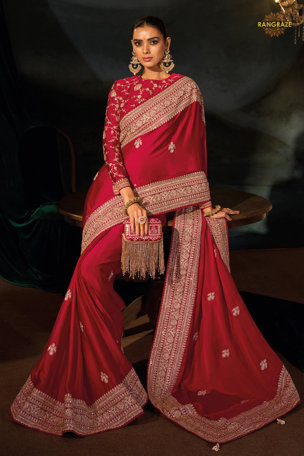 Red Viscose Embroidered Satin Saree