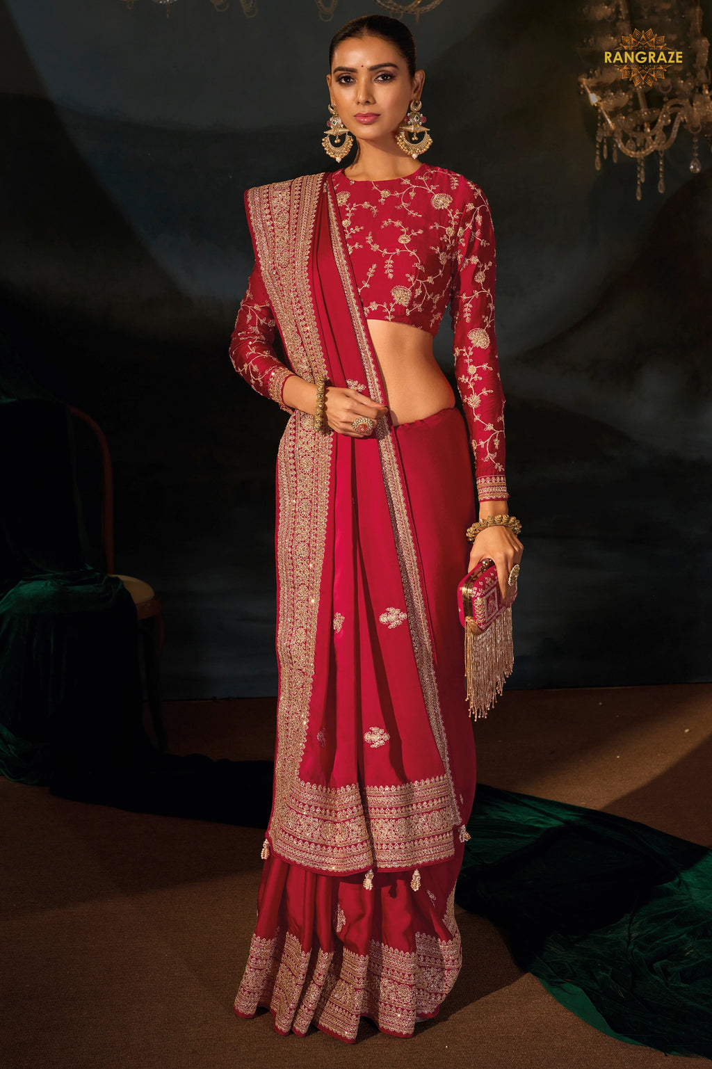 Red Viscose Embroidered Satin Saree