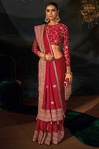 Red Viscose Embroidered Satin Saree