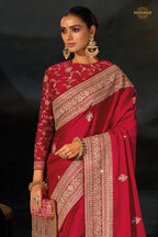 Red Viscose Embroidered Satin Saree