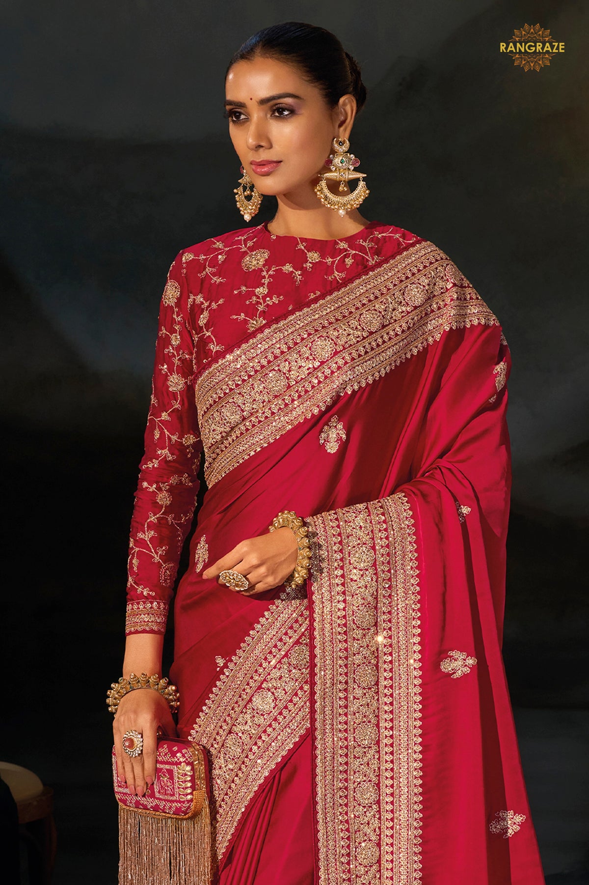 Red Viscose Embroidered Satin Saree