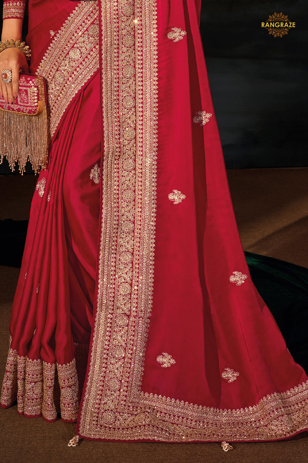 Red Viscose Embroidered Satin Saree