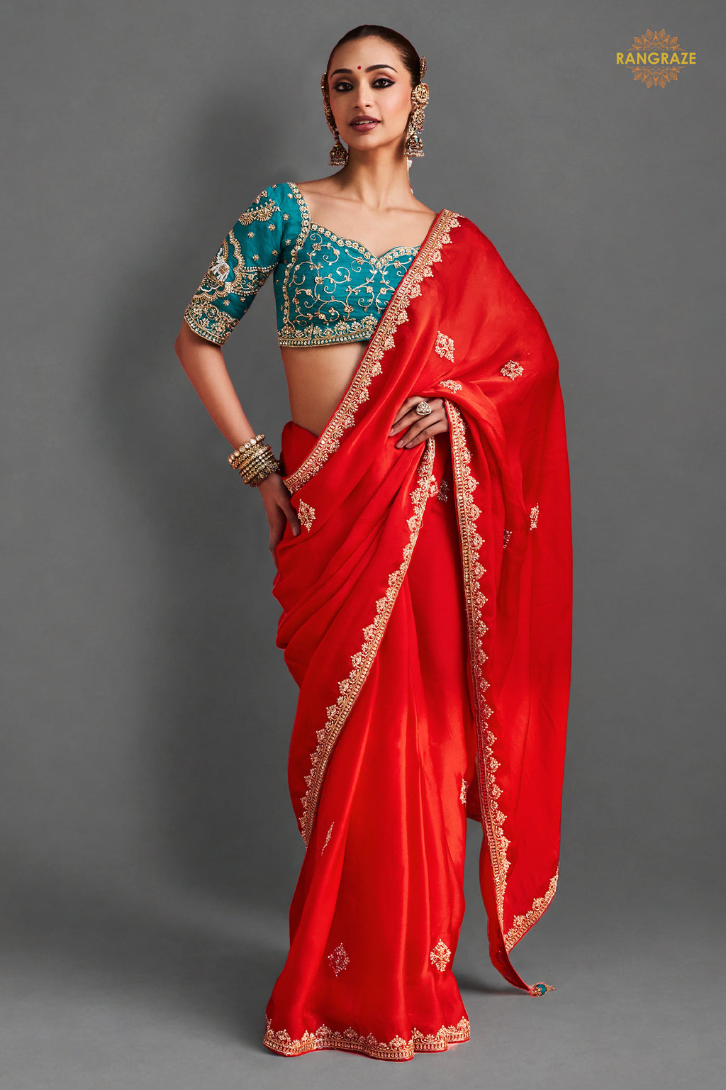 Red Embroidered Silk Saree With Designer Border
