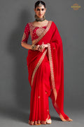 Red Embroidered Silk Saree With Designer Border