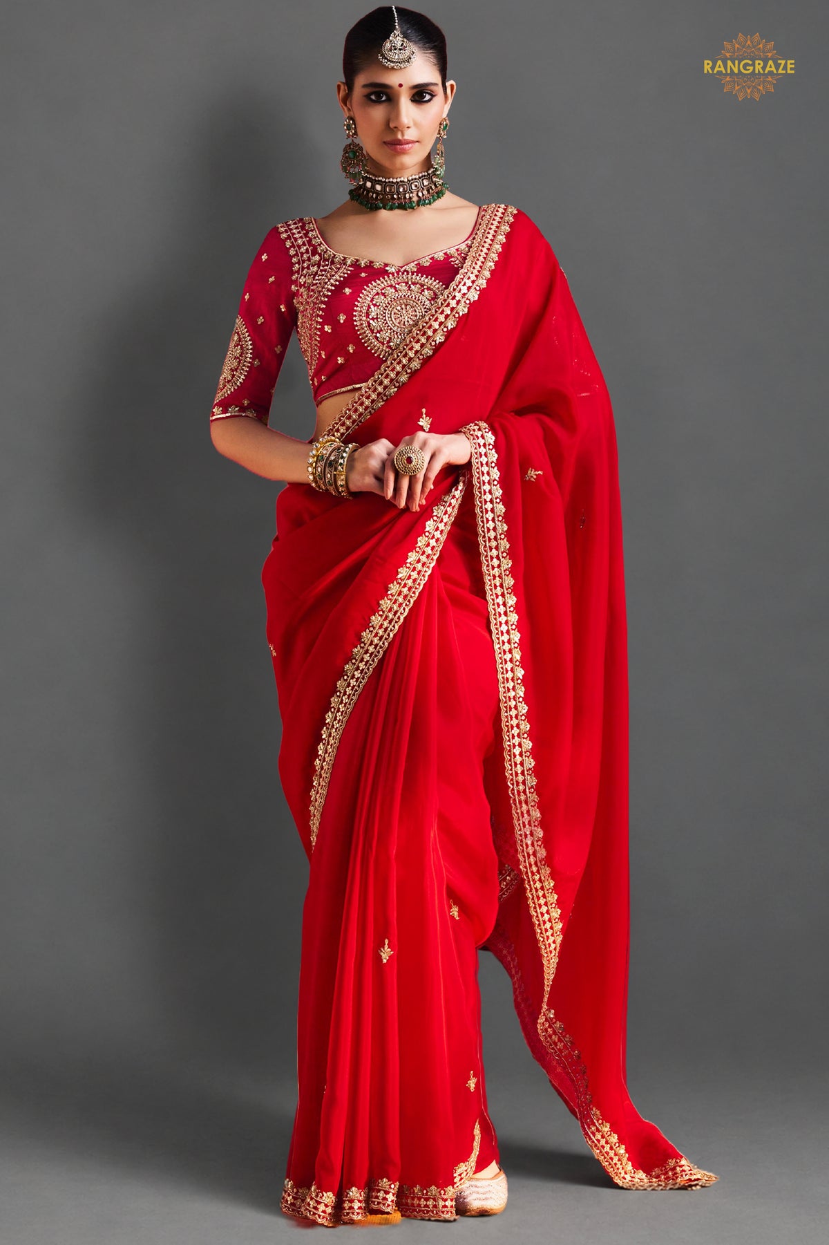 Red Embroidered Silk Saree With Designer Border
